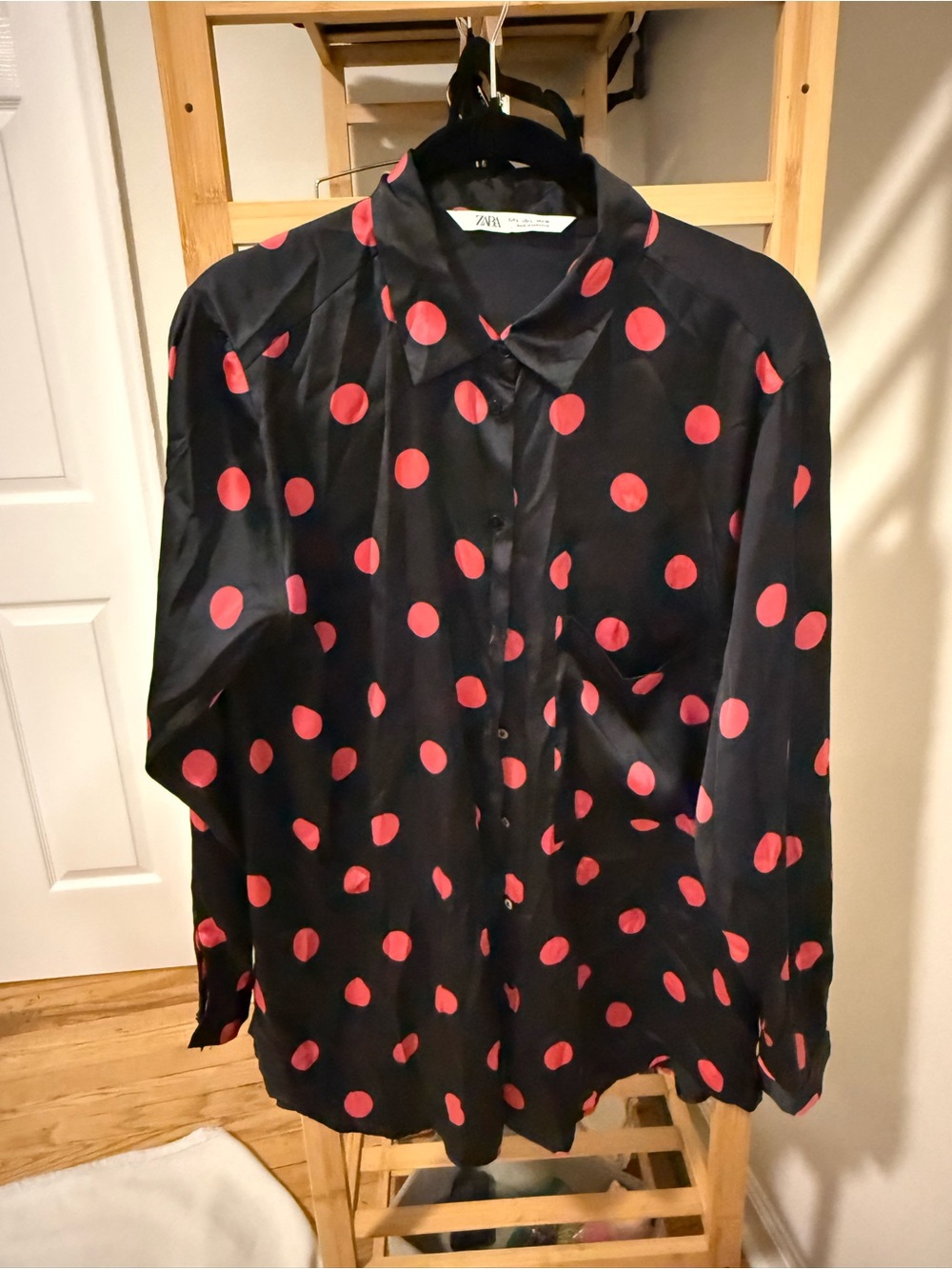 Zara Black Button-Down Shirt with Pink Polka Dots